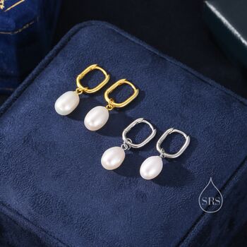 Sterling Silver Oval Pearl Oval Hoop Earrings, 5 of 10
