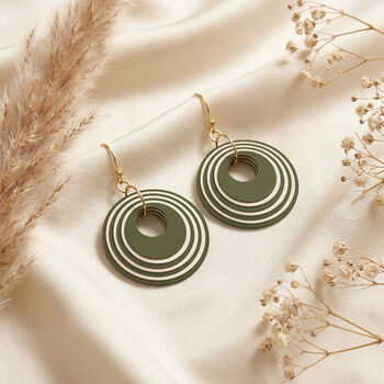 Khaki And Cream Geometric Circular Earrings • Gold Plated Sterling Silver Hooks, 3 of 10