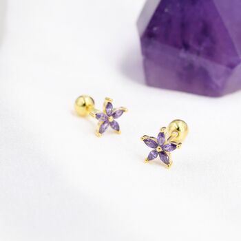 Sterling Silver Purple Amethyst Cz Flower Barbell Earrings, 6 of 12