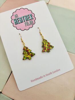Green And Red Christmas Tree Glitter Resin Earrings / Traditional Holiday Jewellery / Christmas Gift / Secret Santa Gift, 7 of 10