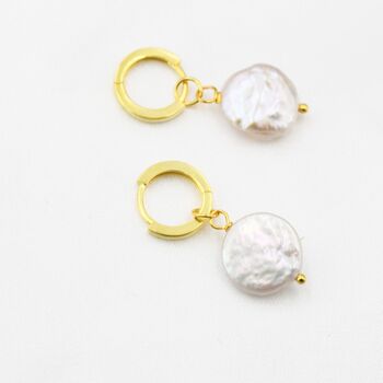 Sterling Silver Coin Baroque Pearl Dangle Hoop Earrings, 3 of 12