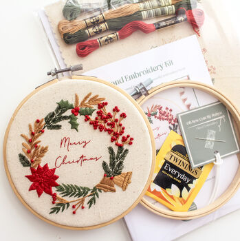 “Merry Christmas” Wreath With Festive Foliage Beginner Embroidery Kit, Hand Embroidery, 2 of 5