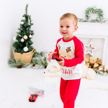 Personalised Red Reindeer Kids Christmas Pyjamas / Pjs, 7 of 9