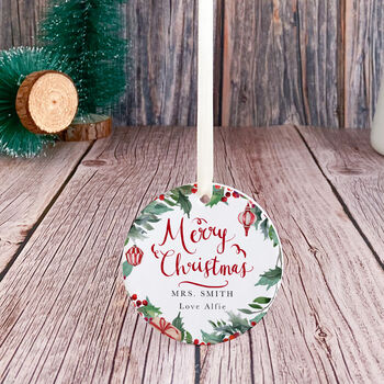 Personalised Merry Christmas Teacher Festive Wreath Ornament, 6 of 7