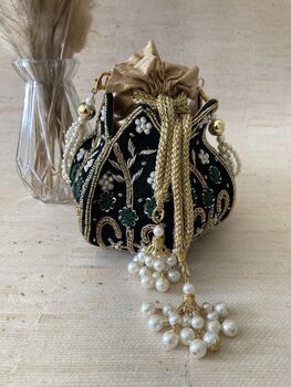 Emerald Green Velvet Potli/Wrist Bag, 7 of 10
