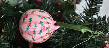 Hand Painted Ceramic Pink Holly Bauble, 2 of 6