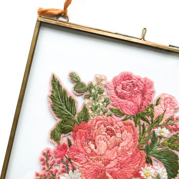 Framed Pink Peony Rose Daisy Embroidered Art, 3 of 6