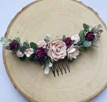 Burgundy And Blush Pink Flower Hair Comb, 5 of 6
