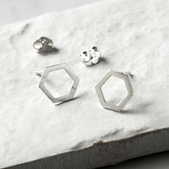 Hexagon Sterling Silver Geometric Stud Earrings, 2 of 10