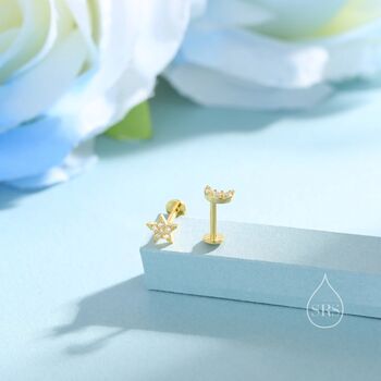 Tiny Mismatched Moon And Star Internally Threaded Flat Back Earrings In Sterling Silver, 3 of 11