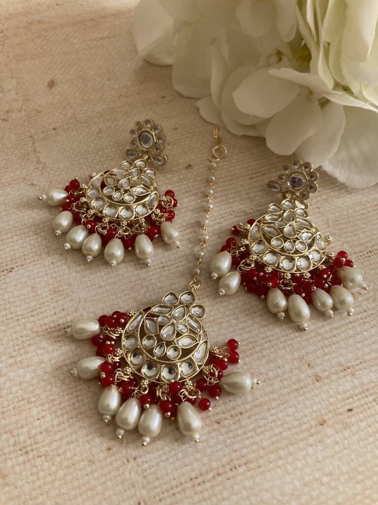 Red Gold Plated Kundan Earrings And Tikka Set, 1 of 4