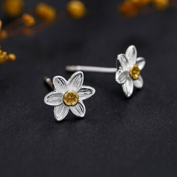 Sterling Silver And Yellow Gold Daffodil Stud Earrings, 4 of 11