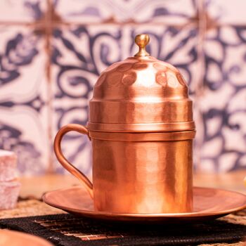 Turkish Copper Coffee Cup Set With Plates And Lids – Handmade Six Piece Gift For Two, 2 of 9