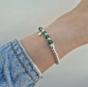 Sterling Silver May Emerald Beaded Bracelet: May Birthstone, Personalised Heart Charm, 2 of 6