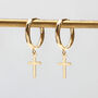 9ct Yellow Gold Cross Sleeper Hoop Earrings, thumbnail 1 of 3