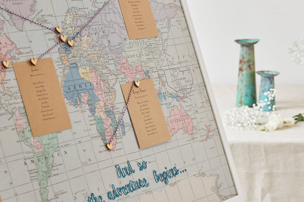 Embroidered Fabric World Map Wedding Table Plan By The Crafty Traveller   Original World Map Seating Plan Wedding Table Plan 