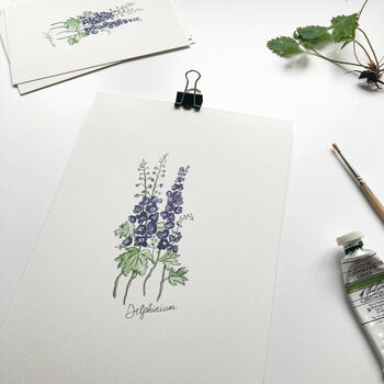 ‘Delphinium’ Flower Hand Illustrated Giclée Print, 2 of 3