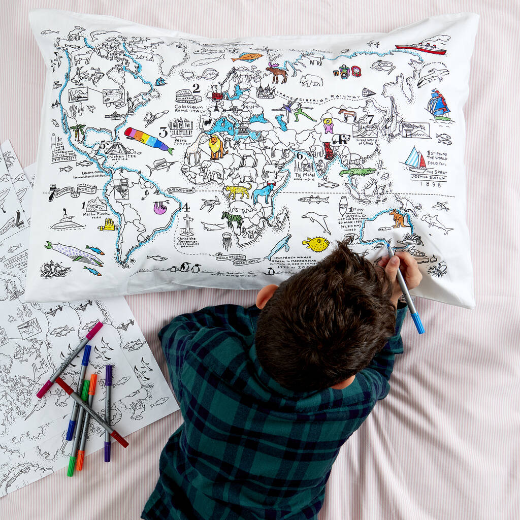 World Map Pillowcase Kit + 10 Pens, Colour In And Learn, 1 of 5