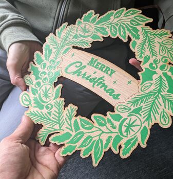 Screenprinted Foliage Wooden Christmas Wreath, 6 of 7