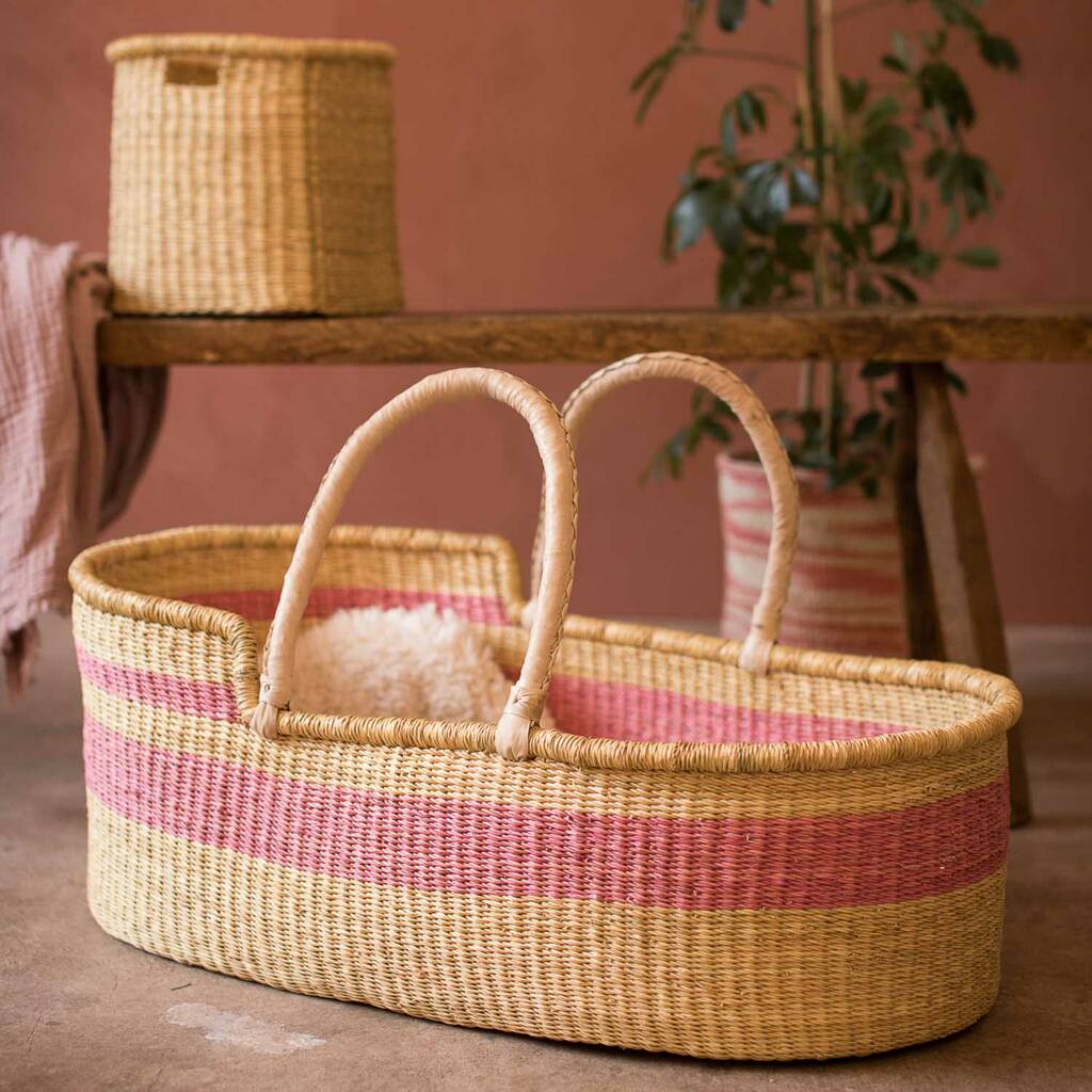 Rosu: Dusky Pink Stripe Woven Moses Basket, 1 of 7