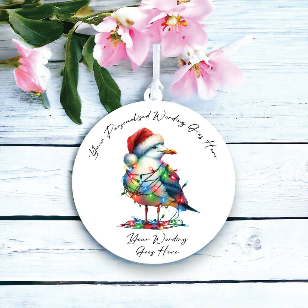 Personalised Seagull In Christmas Lights Hanging Bauble Decoration A