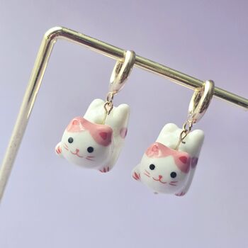 Pink Ceramic Cat Huggie Hoops Earrings, 5 of 6