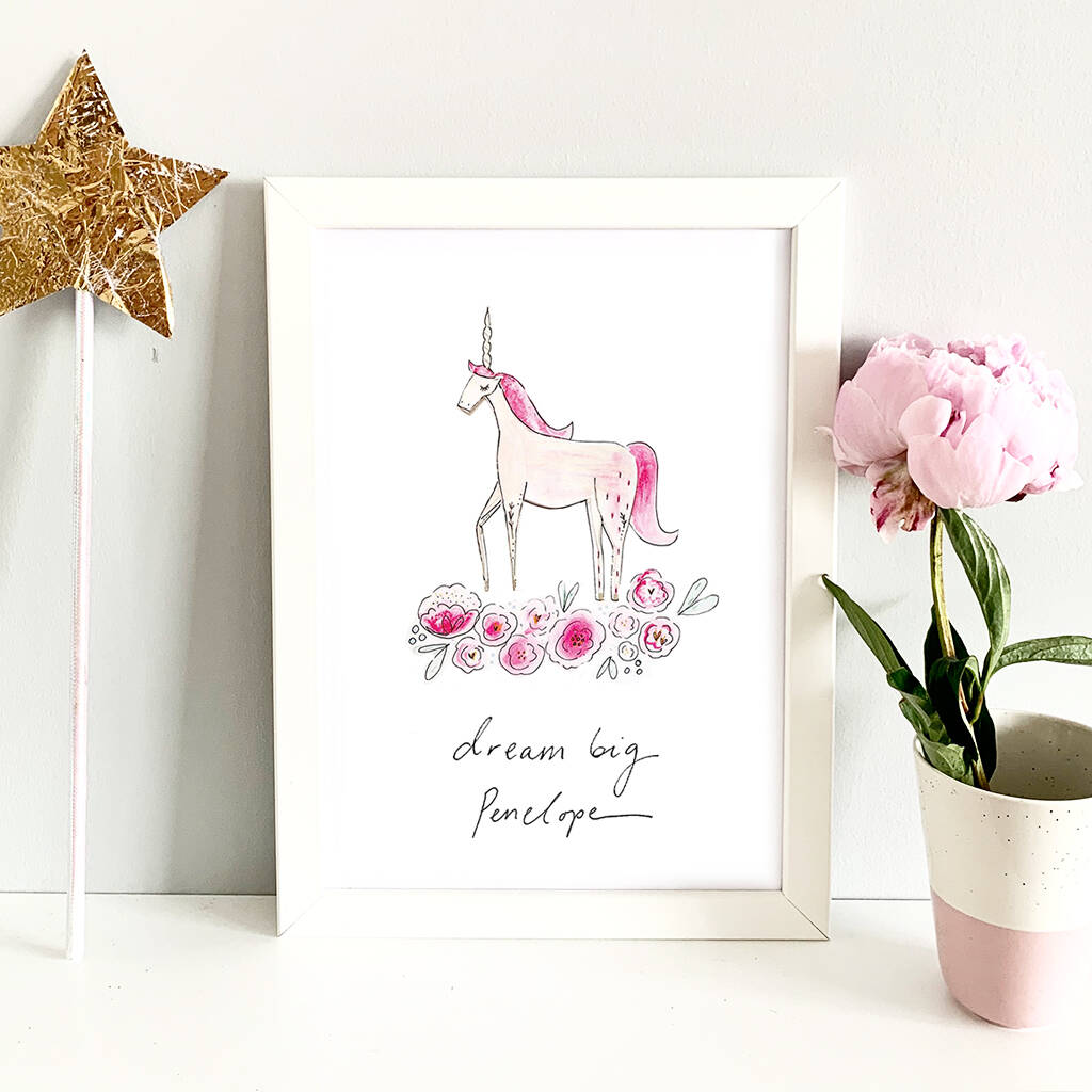 personalised fairytale unicorn illustrated print by nora