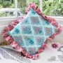 Block Printed Turquoise And Pink Floral Indian Cushion, thumbnail 1 of 2
