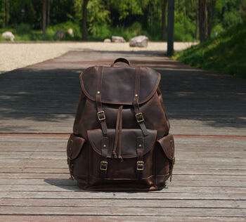 Military Style Genuine Leather Backpack In Worn Brown, 5 of 12