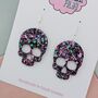 Skull Green And Purple Glitter Resin Dangly Halloween Earrings, thumbnail 3 of 4