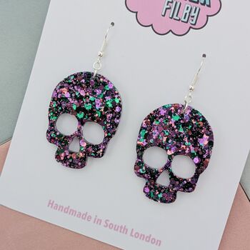 Skull Green And Purple Glitter Resin Dangly Halloween Earrings, 3 of 4
