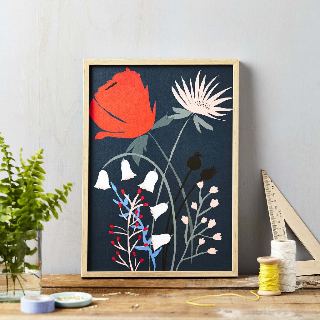 Red Flower On Blue Art Print A3 By Lucy Says I Do | notonthehighstreet.com