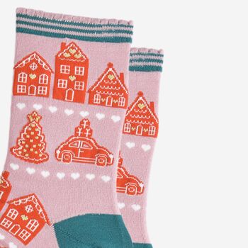 Women's Bamboo Socks Pink Gingerbread Village, 3 of 5