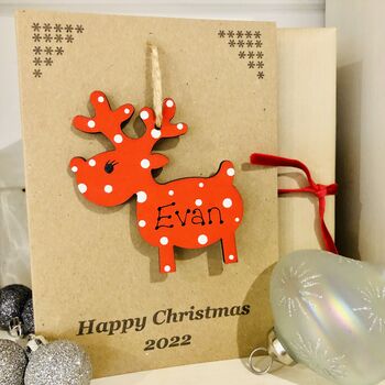 Personalised Reindeer Red Christmas Decoration And Card, 6 of 6