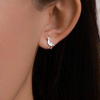 Sterling Silver Goose Stud Earrings With Gold Details, 3 of 11