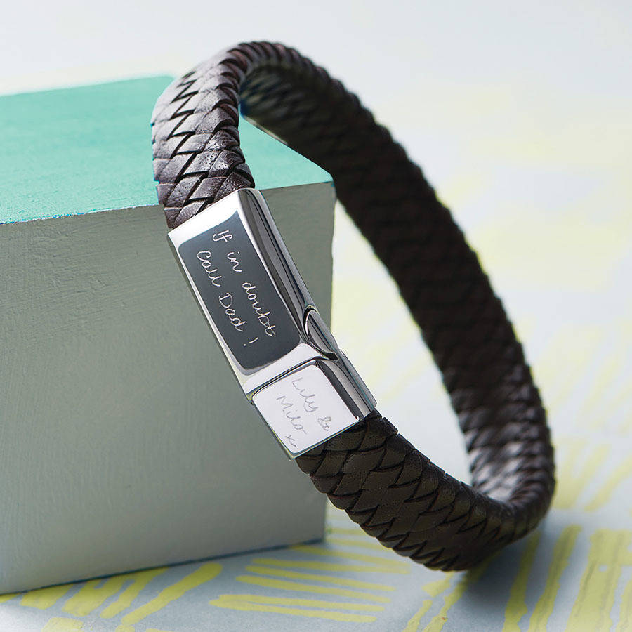 thumbnail image 2 of Men's Engraved Leather Bracelet With Initial Clasp - "Love You Forever" Message & Flag Design 2 of 12