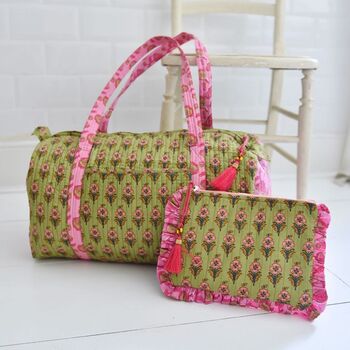 Block Printed Green And Pink Floral Quilted Duffle Bag, 4 of 5