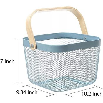 Mesh Steel Metal Blue Storage Basket With Bamboo Handle, 4 of 4