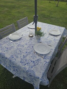 Mediterranean Blue Outdoor Tablecloth With Parasol Hole, 4 of 4