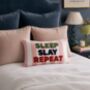 Sleep Slay Repeat Pink Stripe Needlepoint Cushion, Hand Embroidered Slogan Cushion, thumbnail 1 of 3
