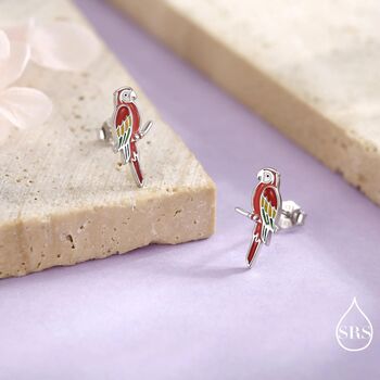 Scarlet Macaw Parrot Bird Stud Earrings In Sterling Silver, 5 of 12