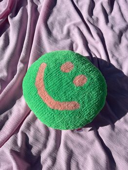 Handmade Tufted Green And Peach Smiley Face Cushion, 4 of 4