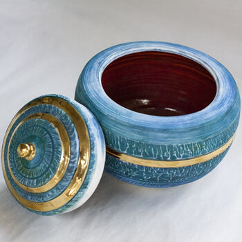 Handmade Blue Porcelain Chattered Lidded Pot 24 C Gold, 4 of 7
