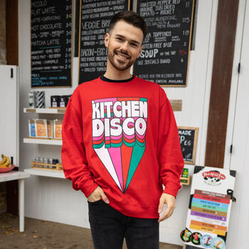 Kitchen Disco Men's Retro Slogan Sweatshirt In Red, 3 of 4