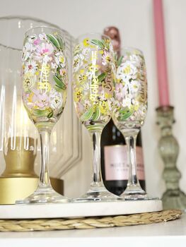 Personalised Hand Painted Champagne Flute – Bridesmaid Gift With Wedding Bouquet And Name, 7 of 9