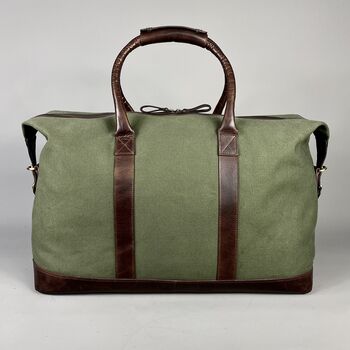 Olive Green Canvas Weekend Holdall With Leather Trim, 3 of 8