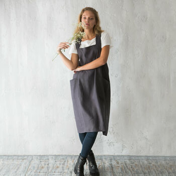 Navy Linen Crossover Pinafore Apron With Pockets, 6 of 12