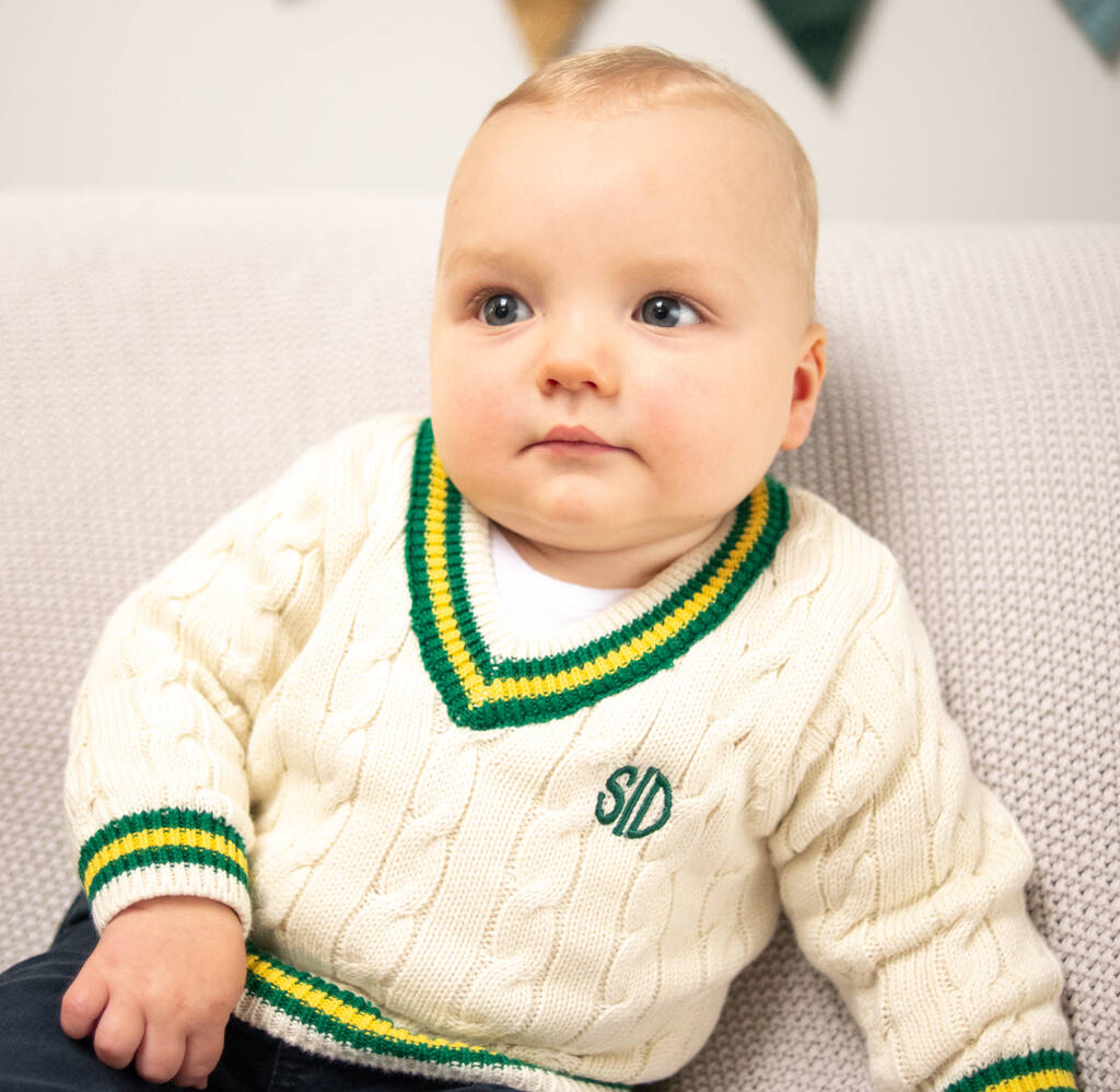 Green And Yellow Stripe Cream Baby Cricket Jumper, 1 of 10