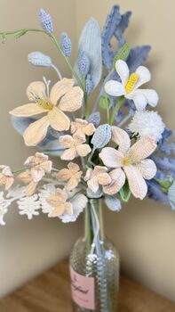 Handmade Crochet Pastel Meadow Bouquet – Soft Blue And Peach Floral Arrangement, 2 of 3