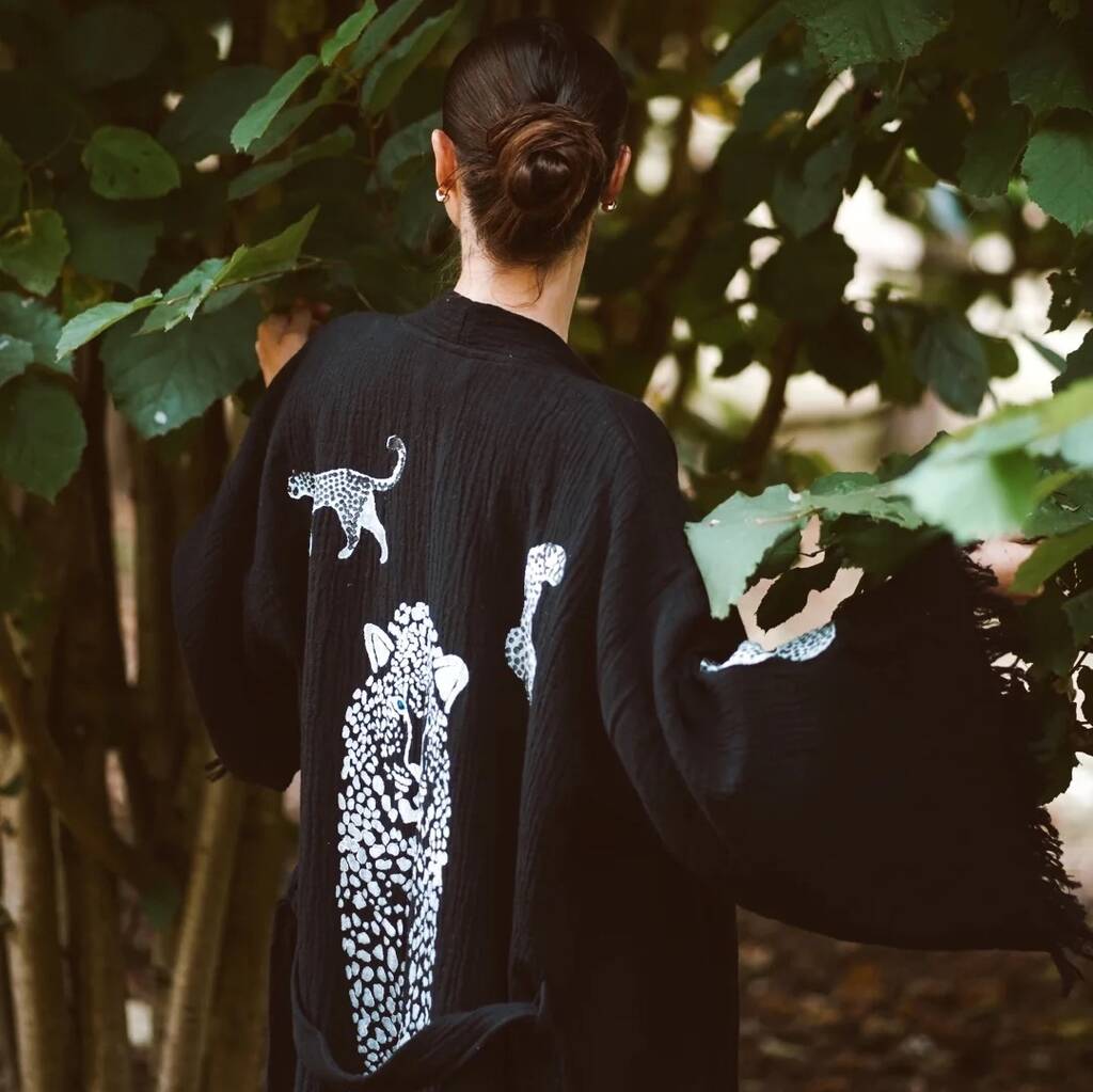 Long Organic Cotton Robe: Black With White Cheetah, 1 of 5